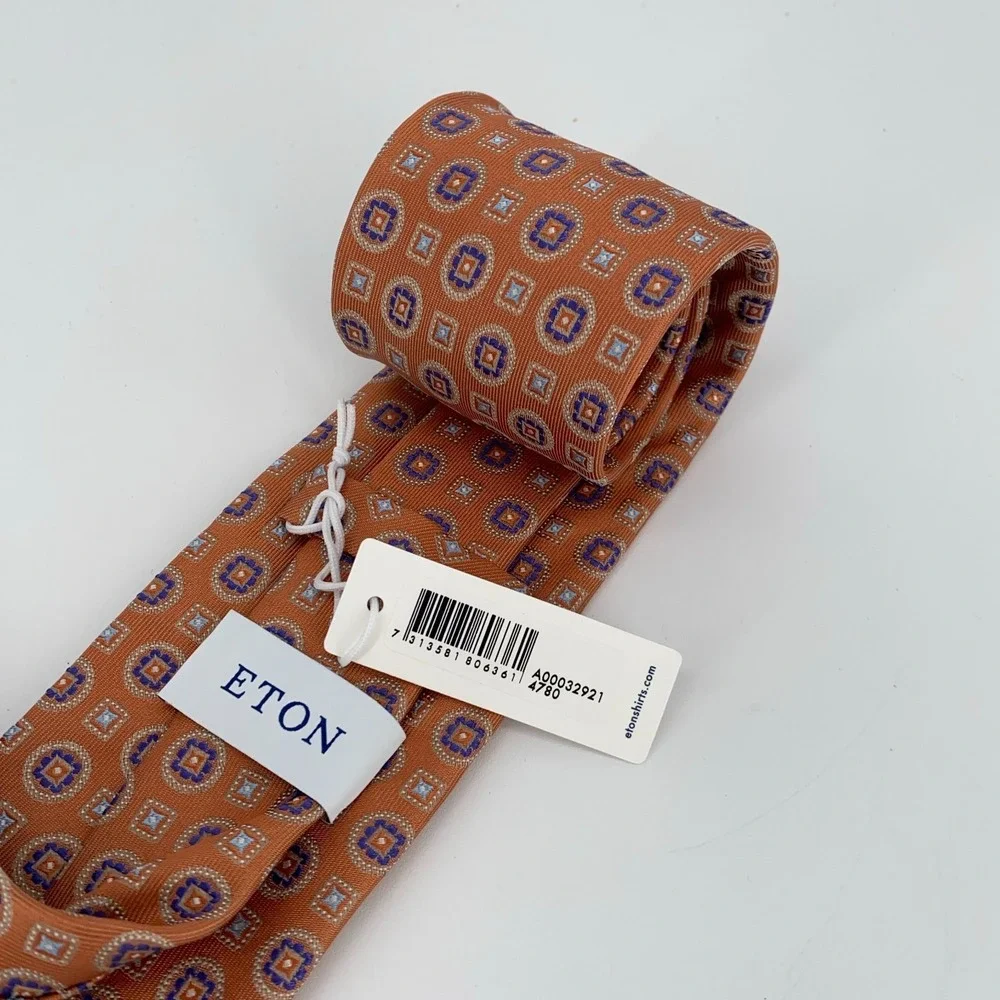 Eton Tie Mens One Size Brown Blue Patterned Silk Luxury Necktie England Made NWT